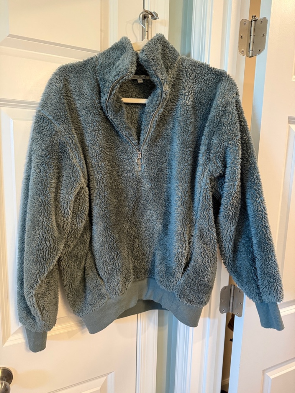 Express Women's Teal Teddy Jacket with Half-Zip